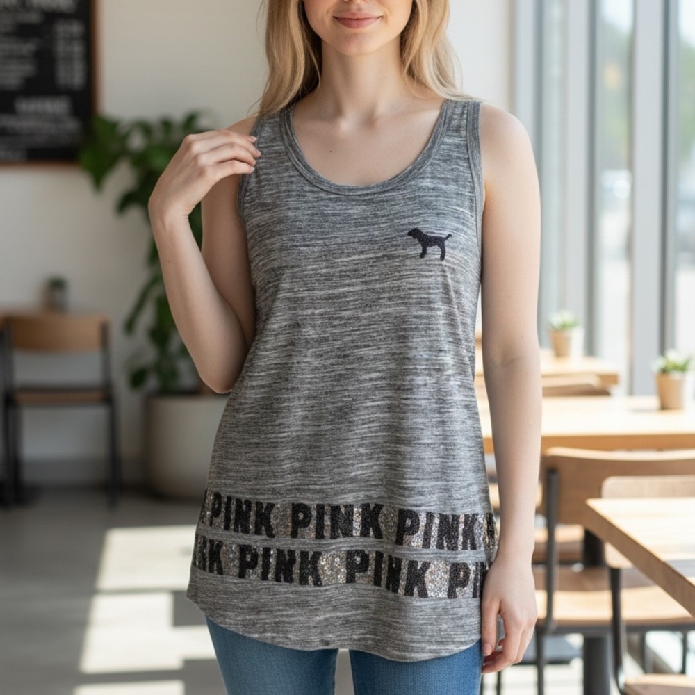 PINK Victoria's Secret Black and Gray Tank Top With gray and black sequins